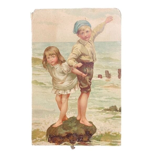 Antique Victorian Lithograph Print Of Children At The Beach On Cardstock u - Picture 1 of 2